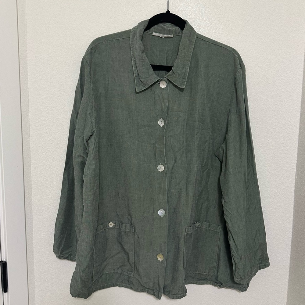 Bryn Walker Green 100% Linen Jacket Pearly Buttons Bottom Pockets Size Large